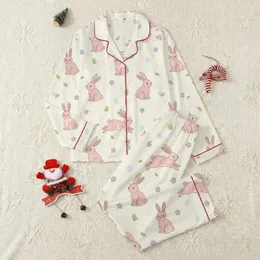 Family Playful Cartoon Bunnies Pastel Pink Green Lavender Flowers Pale Blue Oval Shapes Pattern Satin Pajamas Set