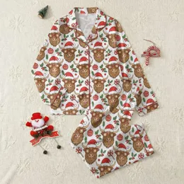 Whimsical Holiday Lovers Brown Highland Cow, Red Santa Hat, Snowflake Glasses, Holly Berries, Striped Candy, Star Bauble Pattern Satin Pajamas Set