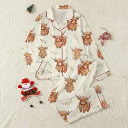 Animal Lovers' Watercolor Shaggy Brown Highland Cow Christmas Lights & Pine Sprigs Satin Pajamas Set