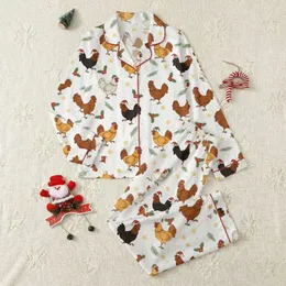Families' Whimsical Brown & Red Chicken Green Holly White Christmas Farm Pattern Satin Pajamas Set