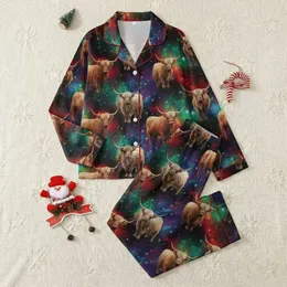 Highland Cow Lovers' Cosmic Nebula Realistic Highland Cow Design, Vibrant Red Orange Green Purple Stars Satin Pajamas Set