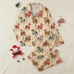 Holiday Animal Lovers' Festive Illustrative Cows in Santa Suits, Cowboy Hats, & Bright Christmas Lights Pattern Satin Pajamas Set