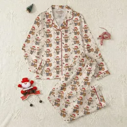 Holiday Cow Lovers' Cute Fluffy Highland Cows Red Santa Hats Buffalo Plaid Colorful Christmas Lights Beige Festive Pattern Satin Pajamas Set