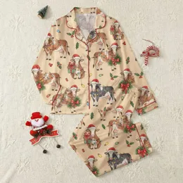 Farmhouse Christmas Fans Whimsical Hand-Drawn Cows with Santa Hats, Colorful String Lights & Holly on Cream Satin Pajamas Set