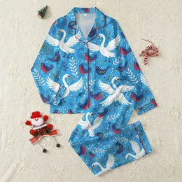 Families' Whimsical Cerulean Blue Folk Art White Swans, Red Birds, Indigo Vines, Gold Stars Satin Pajamas Set