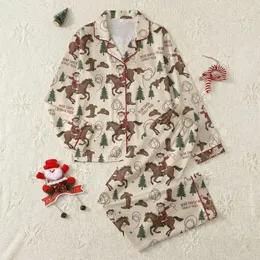 Country Christmas Families' Retro Cowboy Santa Horse Lasso Red Green Rustic Pattern Satin Pajamas Set