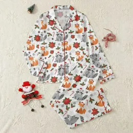 Christmas Families' Whimsical Raccoon Fox Red Santa Hat Poinsettia Holly Pattern Satin Pajamas Set