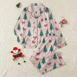 Coquette Lovers' Charming Blush Pink Christmas Trees Fuchsia Bows Teal Candy Canes Golden Stars Pattern Satin Pajamas Set