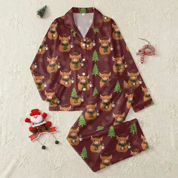 Cozy Holiday Charm Lovers Illustrative Highland Cow Cowboy Hat Plaid Scarf Golden Snowflake Maroon Pattern Satin Pajamas Set