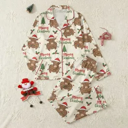 Highland Cow Lovers' Festive Whimsical Red Santa Hat Christmas Lights Holly Pattern Satin Pajamas Set