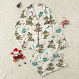 Winter Animal Lovers' Whimsical Highland Cow Pattern with Teal Plaid, Hot Chocolate & Gold Glitter Snowflakes Satin Pajamas Set