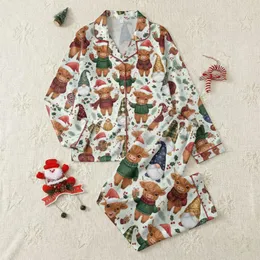 Crafters' Whimsical Highland Cow & Gnome Christmas Seamless Pattern: Crimson Hats, Forest Green Plaid, Berry Accents Satin Pajamas Set