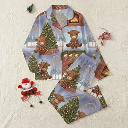 Festive Animal Lovers' Whimsical Highland Cow Christmas Tree Fireplace Scene, Plaid Pajamas, Red Green Snowfall Satin Pajamas Set