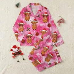 Whimsical Holiday Makers' Hot Pink Fuchsia Highland Cow Christmas Brushstroke Pattern Satin Pajamas Set