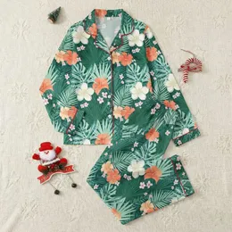 Women's Lush Tropical Botanical All-Over Print Palm Fronds Monstera Plumeria Hibiscus in Forest Green Teal Coral Satin Pajamas Set