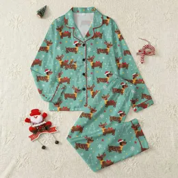 Holiday Dachshund Lovers' Mint Green Illustrative Festive Dachshunds in Santa Hats, Reindeer, Colorful Christmas Lights & White Snowflakes Pattern Satin Pajamas Set