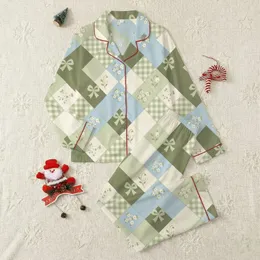 Women's Whimsical Quilt-Inspired Diamond Patchwork: Olive Bows, Blue & Cream Florals, Gingham Grid Satin Pajamas Set