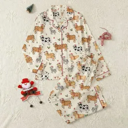 Country Christmas Enthusiasts' Cheerful Cartoon Cows, Santa Hats, Multi-Color Christmas Lights, Holly & Snowflakes Pattern on Cream-Beige Satin Pajamas Set