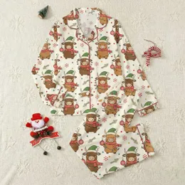 Festive Animal Lovers' Whimsical Hand-Drawn Cow Green Santa Hat Christmas Lights Red Snowflakes Ivory Pattern Satin Pajamas Set