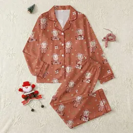 Families' Cozy Christmas Baby Calf Seamless Pattern: Red Santa Hats, Candy Canes, Gingerbread on Reddish Brown Satin Pajamas Set