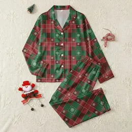 Women's Classic Tartan Plaid Festive Red Green Black Gold Christmas Pine Snowflakes Pattern Satin Pajamas Set