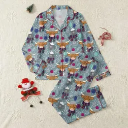 Winter Farm Fans' Highland Cow Pattern, Plaid & Beanie, Winter Botanicals, Snowflake Mugs, Purple Teal Rust Hues Satin Pajamas Set