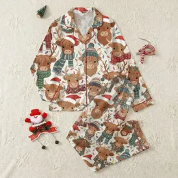 Highland Cow Lovers Whimsical Christmas Pattern: Brown Cows, Santa Hats, Plaid, Multi-Color Lights Satin Pajamas Set