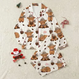 Winter Animal Lovers' Faux Crochet Fluffy Highland Calf Leopard Beanie Coffee Seamless Pattern Satin Pajamas Set