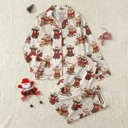 Festive Style Lovers' Retro Yarn Texture Highland Cow Christmas Pattern, Santa Hats & Holly Scarves Satin Pajamas Set