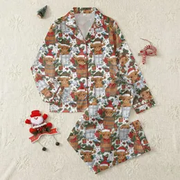 Christmas Animal Lovers' Whimsical Highland Calf Christmas Barrel Pattern with Red Santa Hats, Green Pines, Gold Accents Satin Pajamas Set