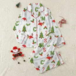 Family & Friends Whimsical Christmas Squad Lettering Red Green Santa Hat Holly Tree Candy Cane Snowflakes Pattern Satin Pajamas Set