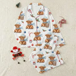 Holiday Crafters' Whimsical Watercolor Highland Cow Christmas Pattern with Blue Santa Hats & Snowy Buckets Satin Pajamas Set