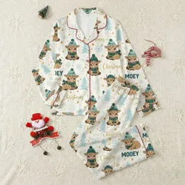 Festive Animal Lovers' Whimsical Fluffy Highland Cow Aqua Teal Plaid Christmas Tree Design Satin Pajamas Set