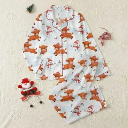 Festive Family Fans' Whimsical Highland Cow & Snowman Christmas Pattern Rusty Orange Red Stripes Satin Pajamas Set