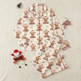 Holiday Lovers' Whimsical Fluffy Baby Highland Cow Santa Plaid Cocoa Snow Seamless Pattern Satin Pajamas Set