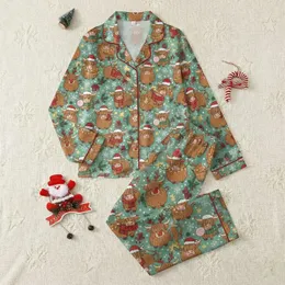 Christmas Highland Cow Lovers' Whimsical Festive Pattern: Santa Hat Cows, Reindeer Antlers, String Lights, Holly Berries, Rustic Illustrative Design Satin Pajamas Set