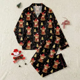 Animal Lovers' Festive Black Highland Cow Pattern with Red Beanies, Plaid Scarves, Cocoa Mugs & Gold Trees Satin Pajamas Set