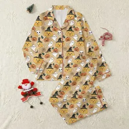 Dog Lovers' Whimsical Beige Golden Retriever Witch Hat Pumpkin Ghost Skull Pattern Satin Pajamas Set
