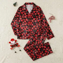 Women's Rich Black & Vibrant Red Scattered Hand-Drawn Hearts Solid Outline Polka Dot & Arrow Motifs Satin Pajamas Set