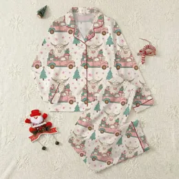 Highland Cow Lovers' Hand-Drawn Fluffy Cream Cow, Pastel Pink Vintage Truck, Festive Teal Gifts & Fuchsia Snowflakes Satin Pajamas Set