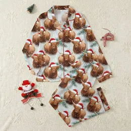 Rural Charm Lovers' Seamless Realistic Highland Cow Santa Hat Snowy Evergreen Pattern Satin Pajamas Set