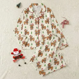 Holiday Enthusiasts Whimsical Highland Cow Calves Christmas Lights Buffalo Plaid Pattern Satin Pajamas Set