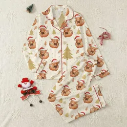 Cozy Christmas Lovers' Whimsical Watercolor Highland Cow Santa Hat Lights Glitter Pattern Satin Pajamas Set