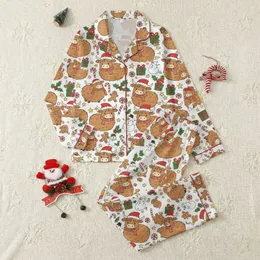 Holiday Animal Lovers' Cute Fluffy Highland Cow Christmas Pattern in Red, Green, Brown Cartoon Style Satin Pajamas Set
