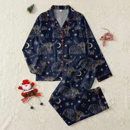 Cottagecore Admirers' Whimsical Hand-Drawn Highland Cow Celestial Wildflower Navy Gold Tan Pattern Satin Pajamas Set