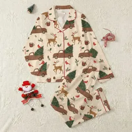 Christmas Enthusiasts' Whimsical Vintage Cream Winter Forest Truck, Deer, & Cardinal Pattern Satin Pajamas Set