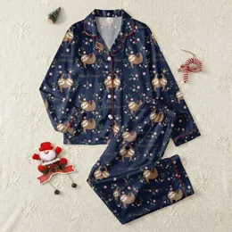 Kids & Sloth Lovers' Adorable Flat Art Sloth & Floral Pattern on Deep Navy Blue with Golden Personalized Script Satin Pajamas Set