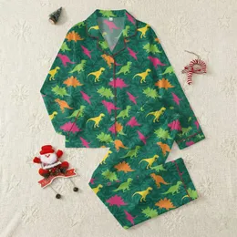 Women's Seamless Playful Stylized Dinosaur Silhouettes Lime Orange Pink Yellow Forest Green Satin Pajamas Set