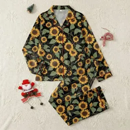 Sunflower Lovers' Illustrative Golden Yellow Sunflower & Muted Green Leaf Pattern on Black with Geometric Lattice Satin Pajamas Set
