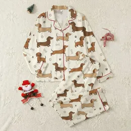Dachshund Lovers' Playful Stylized Brown Dachshund Dogs Scattered Cream Off-White Pattern with Bone & Paw Print Motifs Satin Pajamas Set